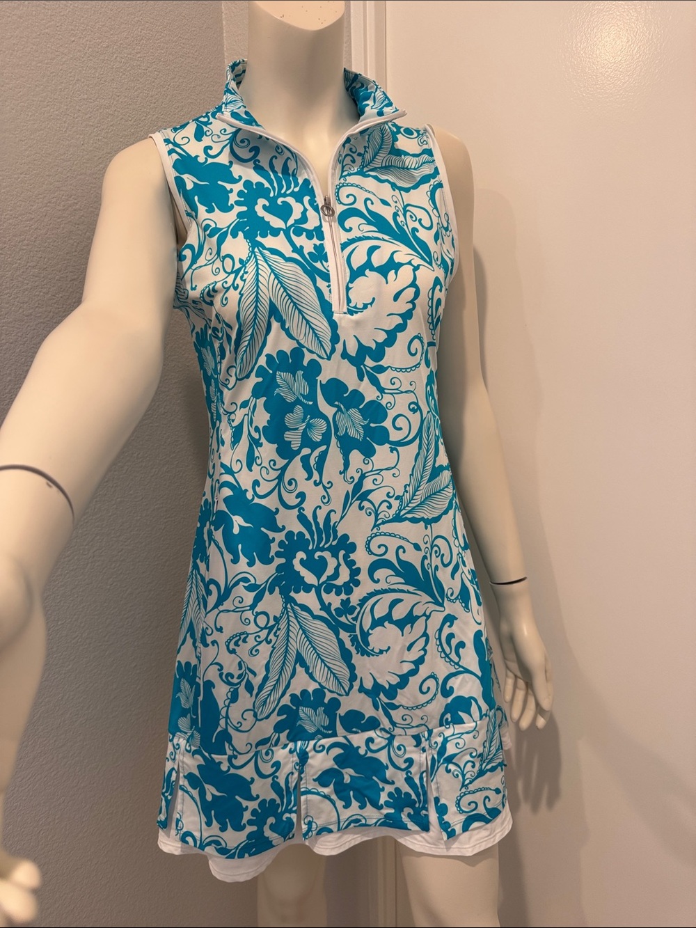 Kinona White & Turquoise Floral Golf  Zip-Front Dress S